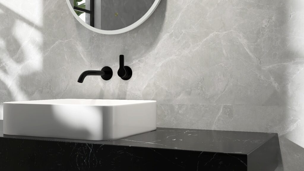 Black stone vanity counter top, white modern square ceramic washbasin, deck mount faucet in bathroom in sunlight, shadow on marble for luxury beauty, cosmetic, skincare, body care background 3D