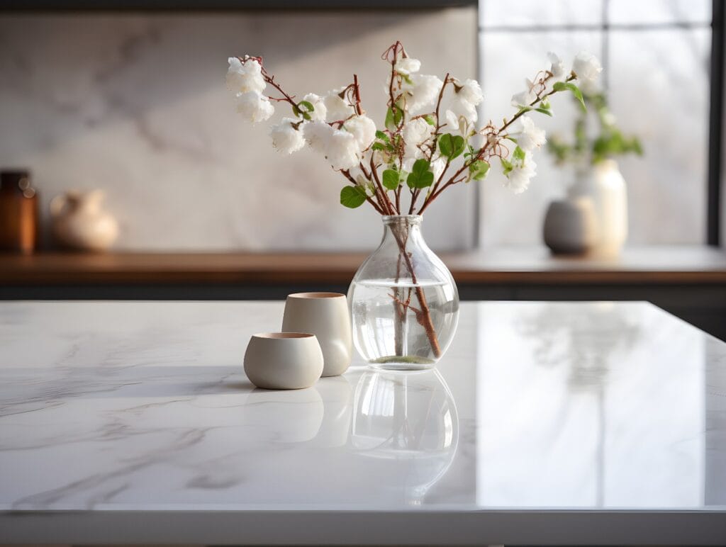 Marble stone countertop on kitchen interior background