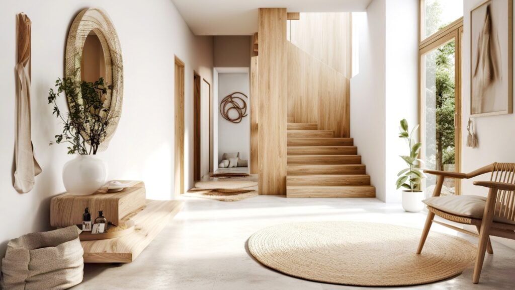 Wooden staircase in scandinavian rustic style interior design of modern entrance hall. Created with generative AI